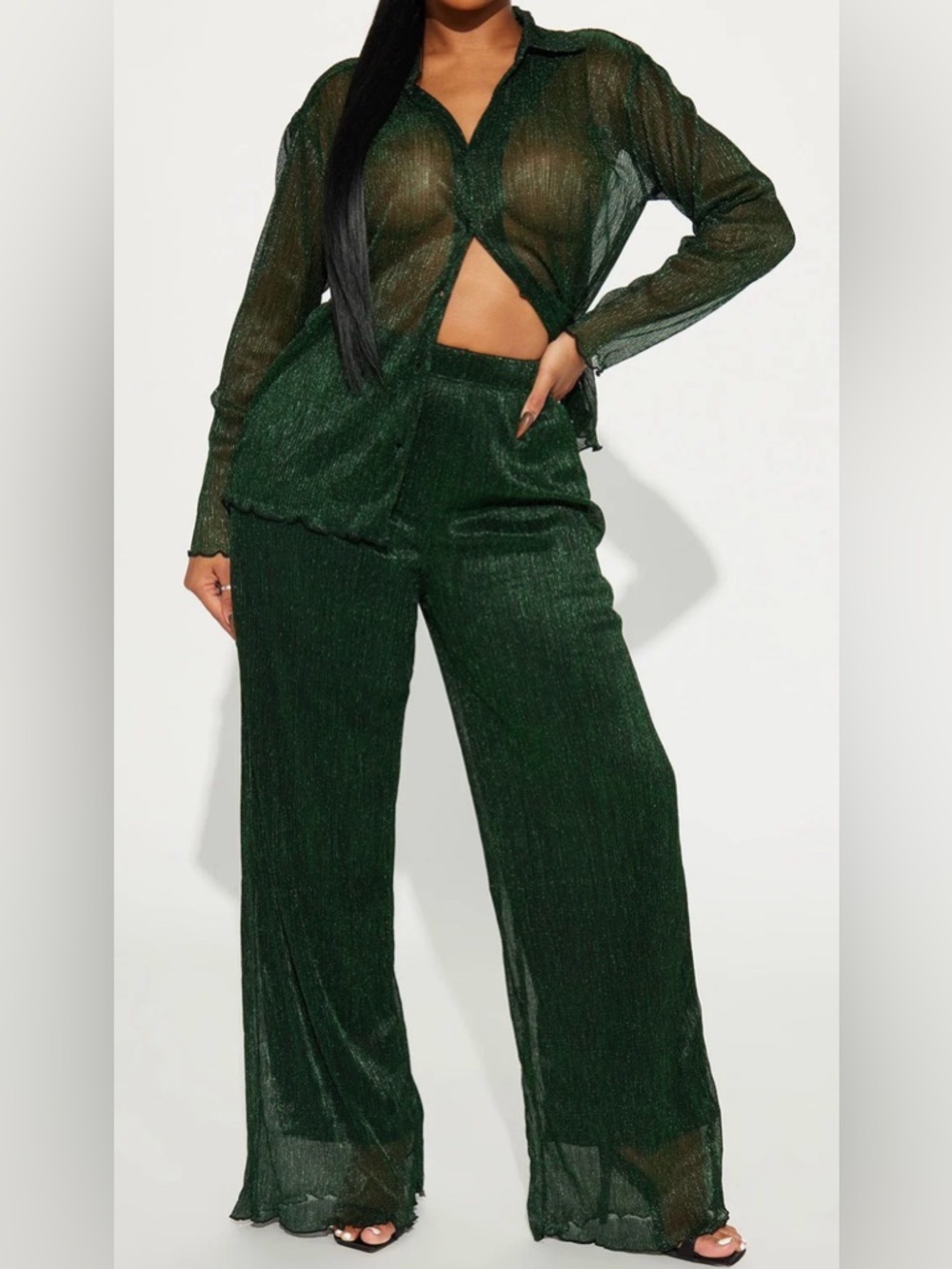 Almost Famous Emerald Green Sheer Wide-Leg Pant Set Sz Medium
